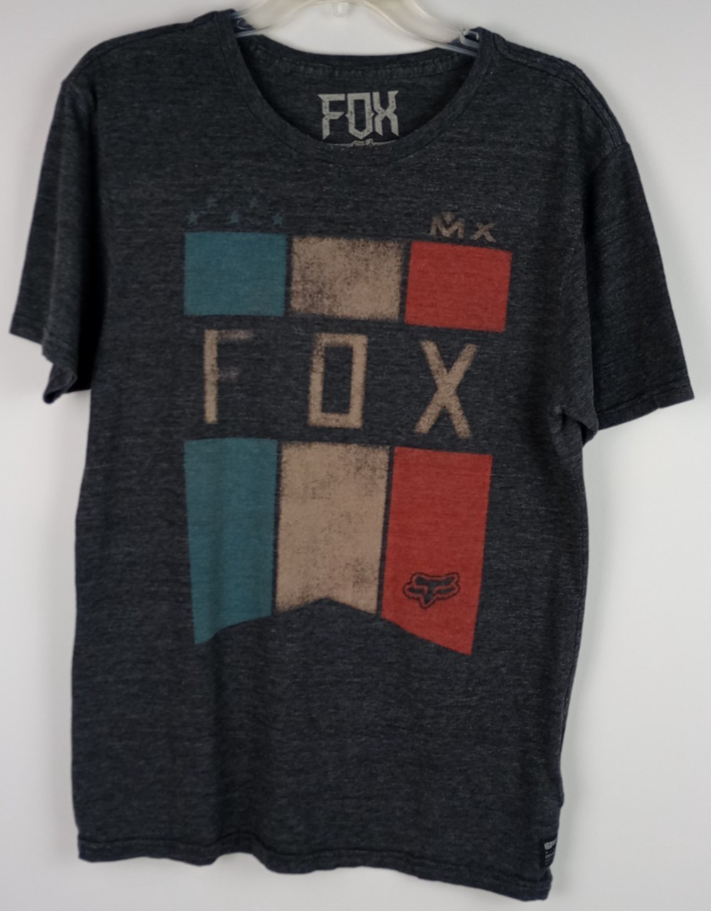 Fox Mens M Premium Gray Red White Blue Triko FOX Phaeton Graphic Tshirt